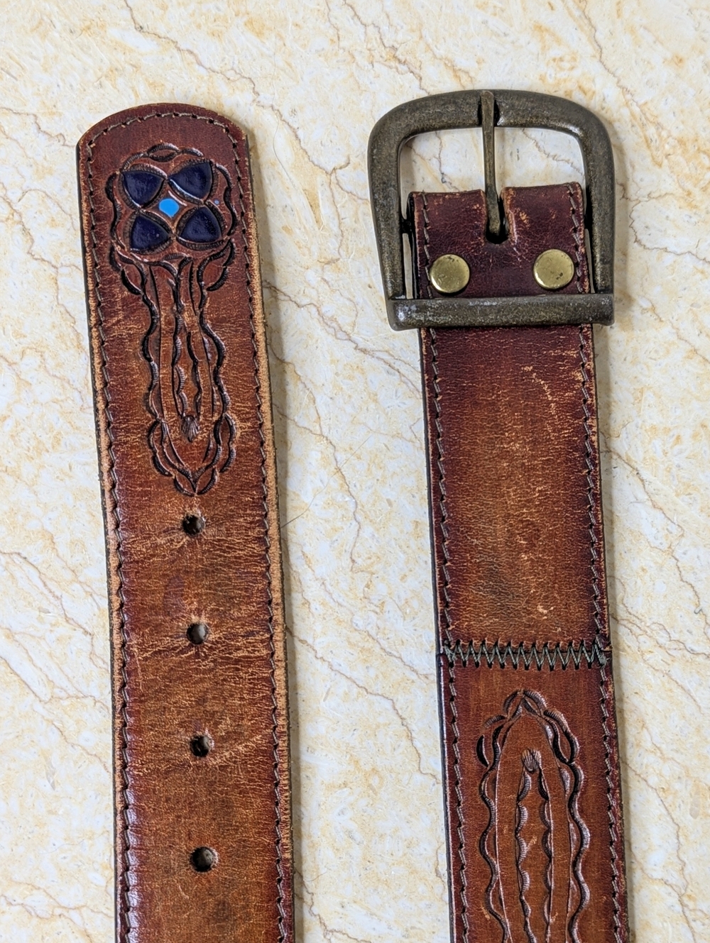 Vintage Leather Hand Stained Tooled Rugged Distressed Blue Floral Belt Womens 30 - Picture 2 of 14